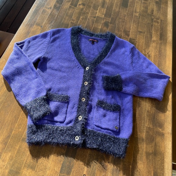 Authentic Juicy Couture Purple Cardigan Sweater- Blk Sparkle, Fluffy Trim Sz 12 - Picture 1 of 15